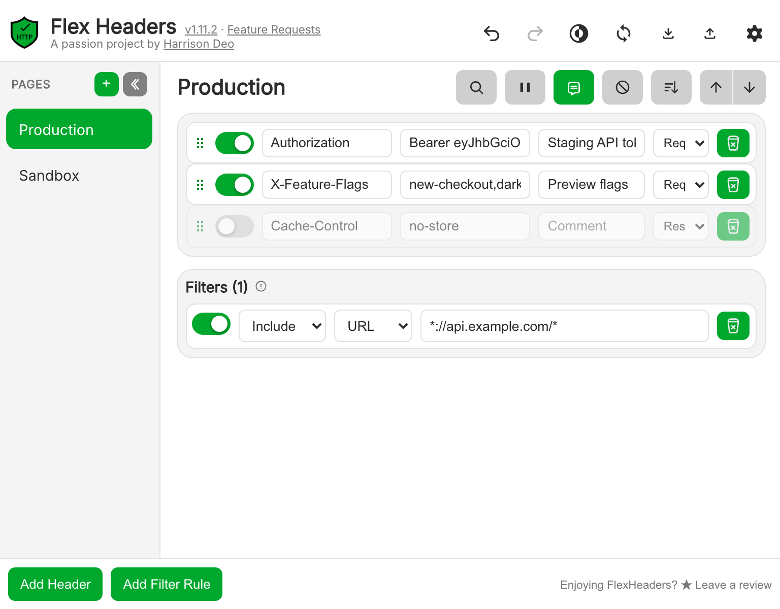 The Flex Headers popup: a Production page with three headers, one disabled, and a URL filter